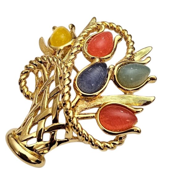 Trifari TM  Tulip Flower Basket Brooch Pink Yellow Blue Lucite Pin, Signed - Picture 3 of 7